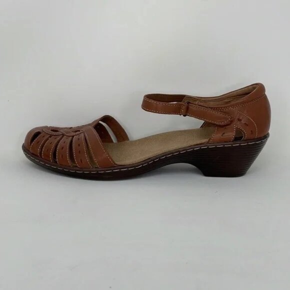 CLARKS Heeled Sandals Brown Leather Ankle Strap Size 10 - Picture 5 of 11